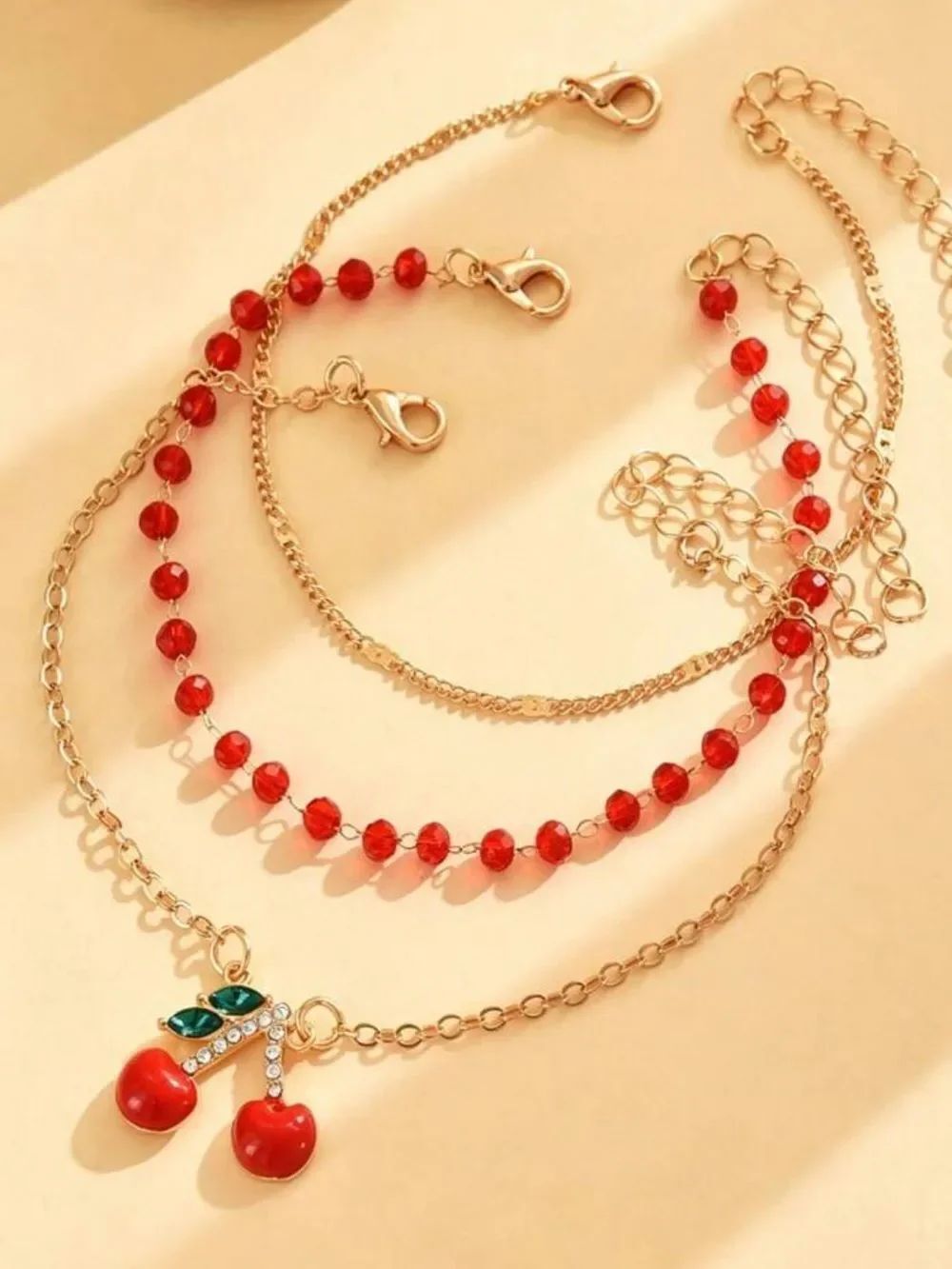 Red Cherry Charm Anklet Set R681 - Picture 4 of 4